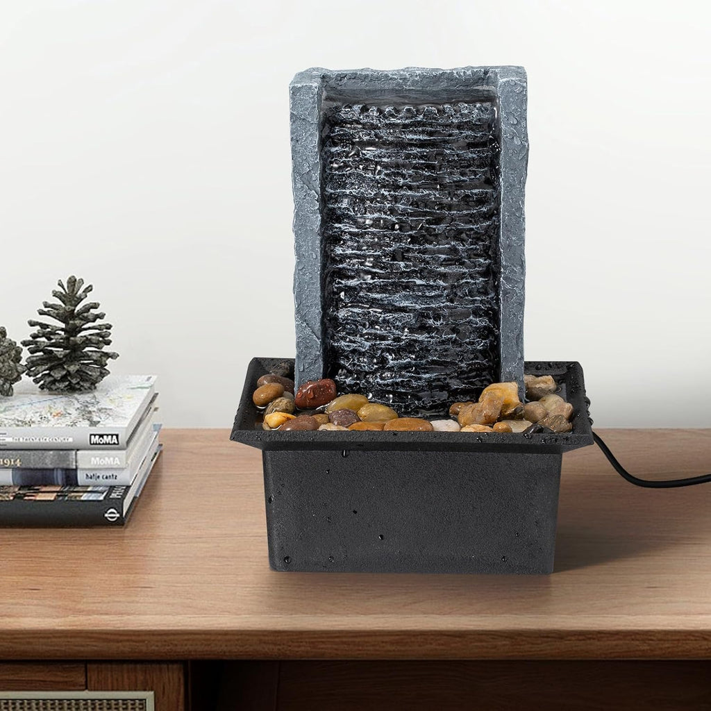 Tabletop Fountain Indoor Waterfall Rock Fountain LED-Lights Water Feature Waterfall for Modern Home and Office Indoor