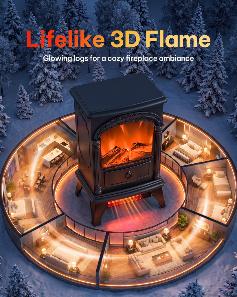 22" Electric Fireplace Stove, 3D Dancing Flames, 1500W/5100 BTU