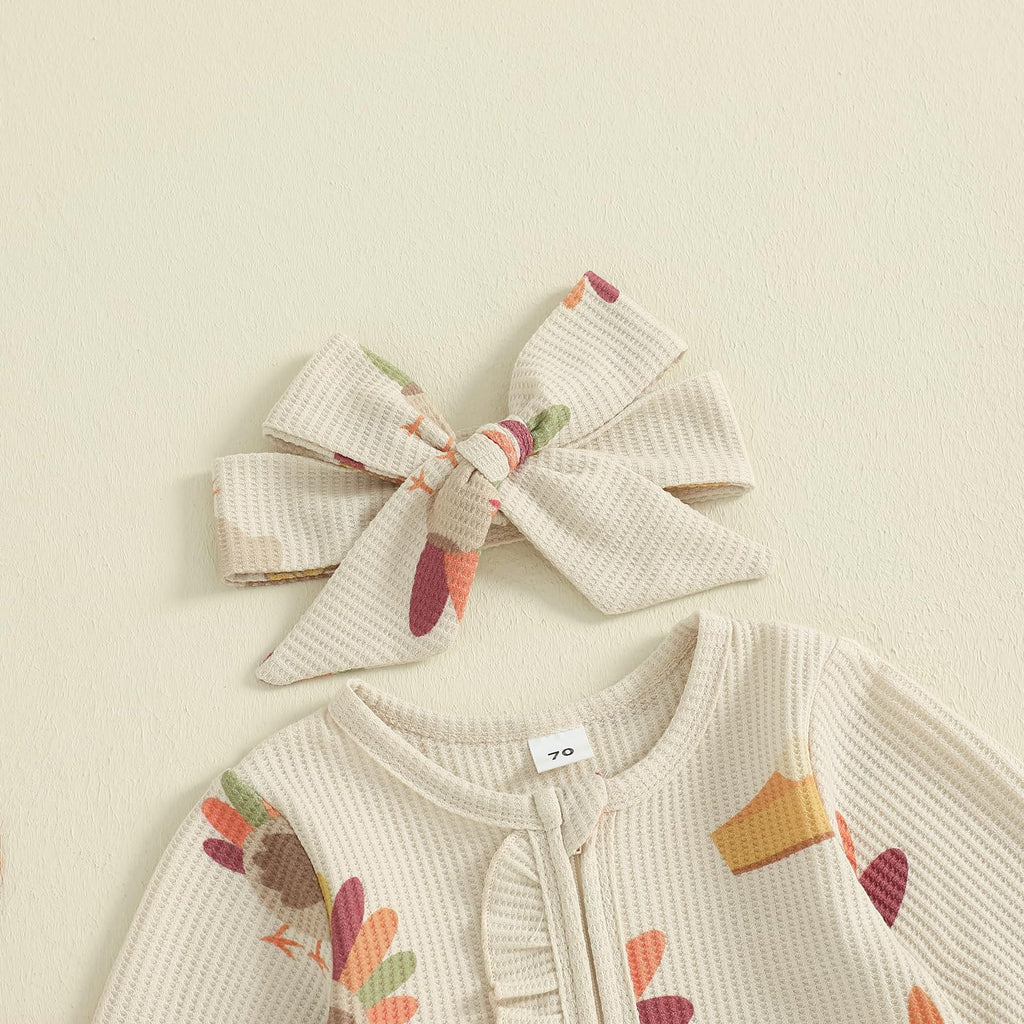 Baby Girl Thanksgiving Outfit Ruffle Romper Turkey Rolls Print Onesie Footie Jumpsuit Fall Winter Clothes (Khaki