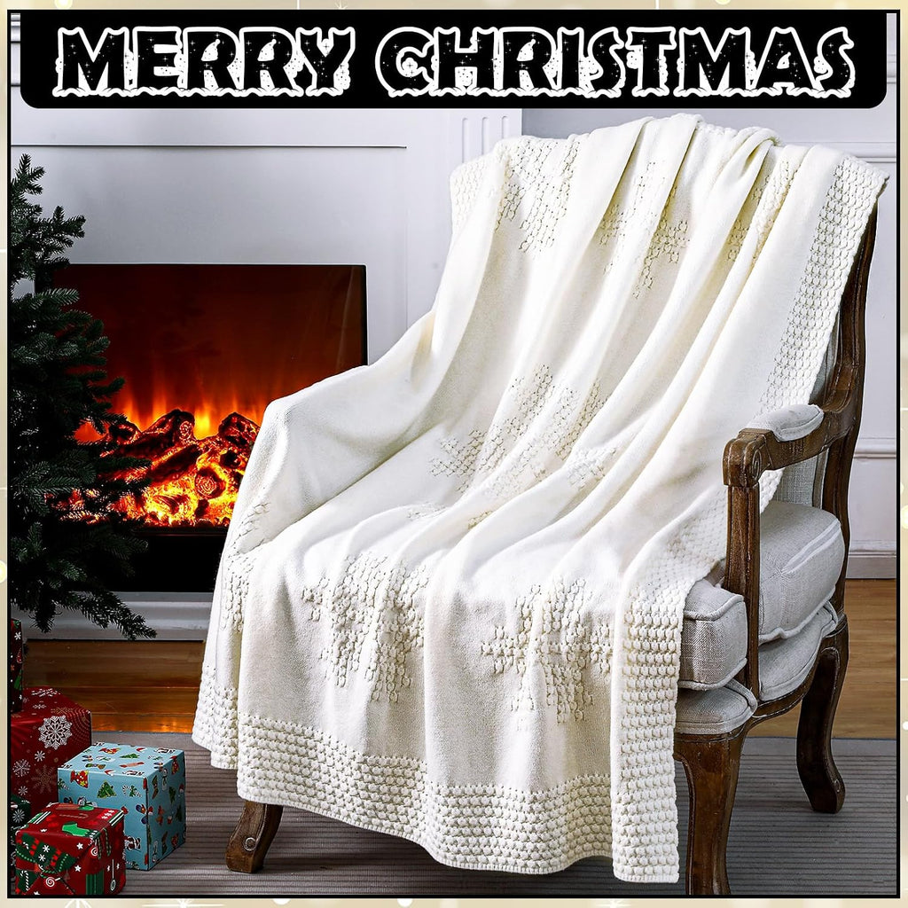 Christmas Crochet Throw Blanket White Knit Snowflake 50x60 Inch
