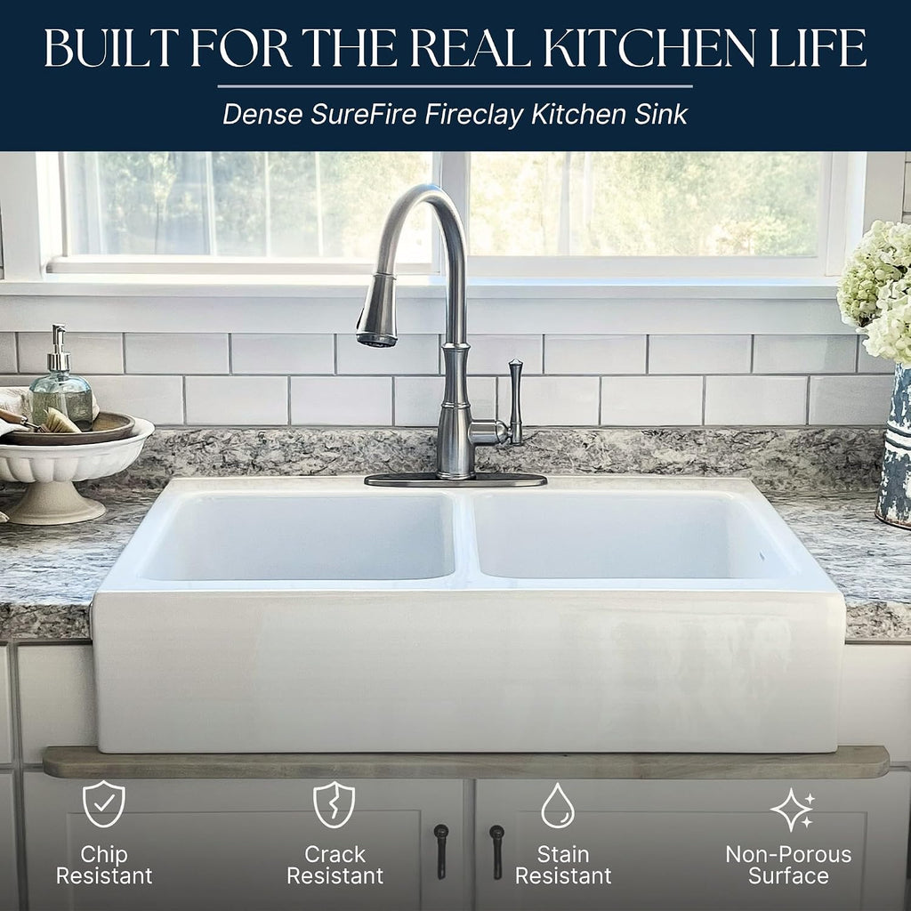 Parker 34 in White Fireclay Farmhouse Sink, Double Bowl | Quick-Fit drop-in apron front, no countertop removal