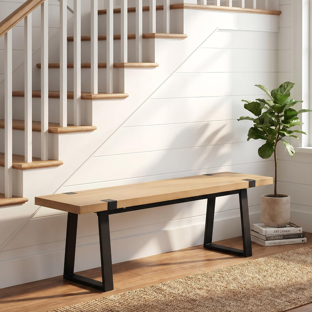 60" Entryway Bench Wood Dining Bench Bedroom Bench Modern Minimalist Long Slatted Bench Hallway, Sturdy Solid Wood