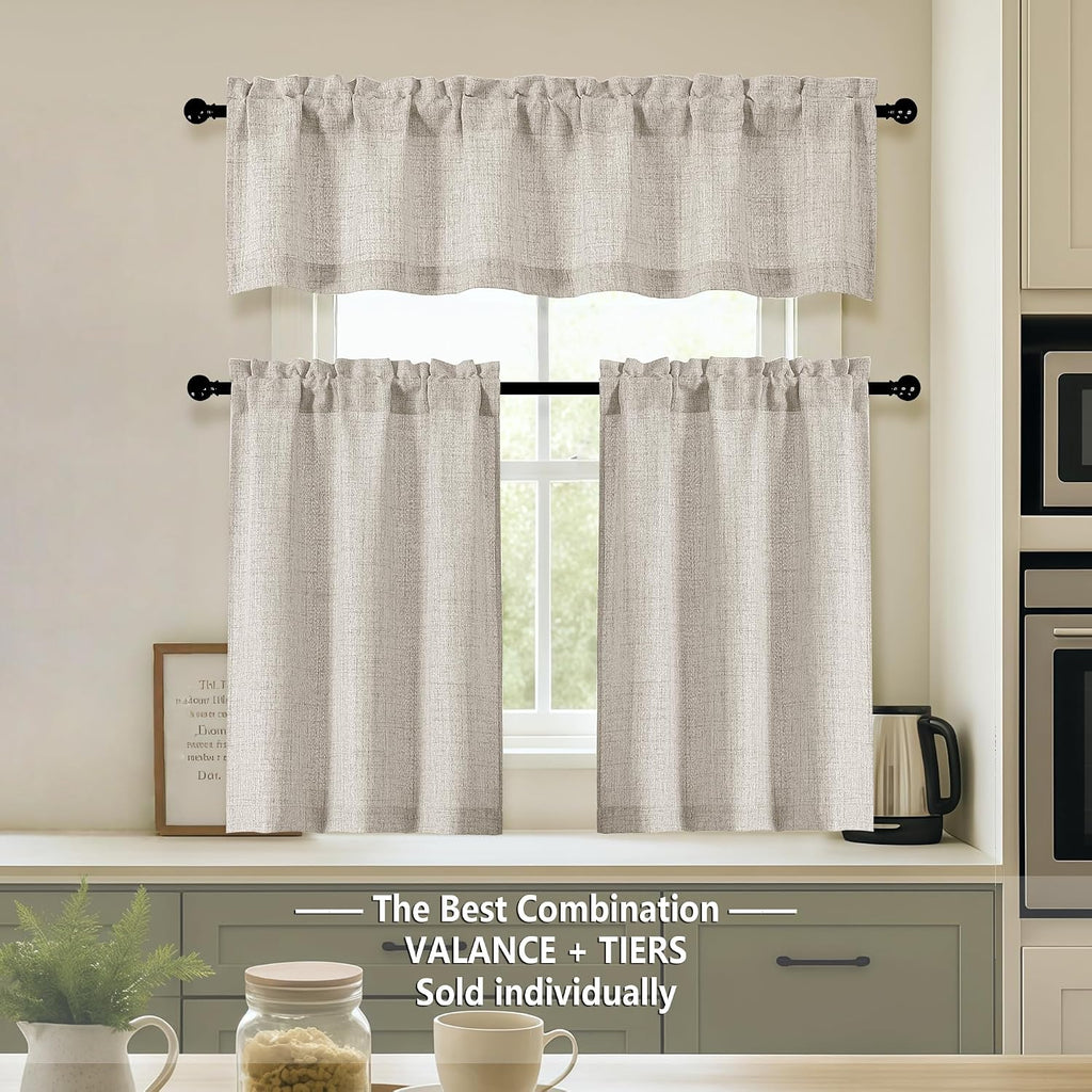 2 Panels Kitchen Curtains 36 Inch Length, Faux Linen Textured Small Cafe Window Curtain Over Sink, Light Filtering