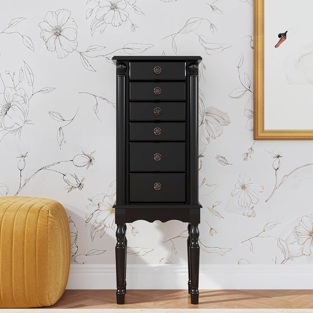 Ebony Jewelry Armoire, Distressed Ebony Black; Black Lining