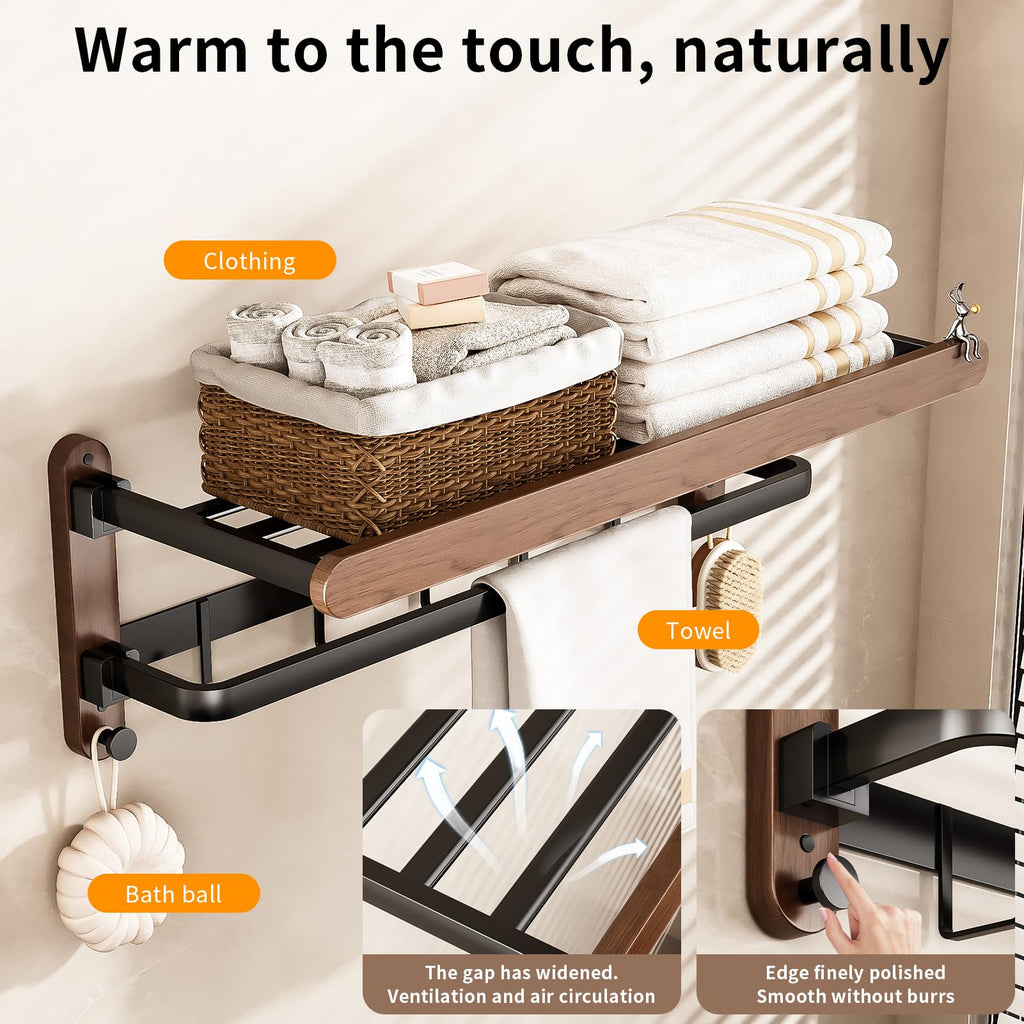 Towel Rack Holder 3-Tier Solid Wood with Shelf, Foldable Wall Mount, 24in Thickened Tube Holds 30lbs, 7 Hooks