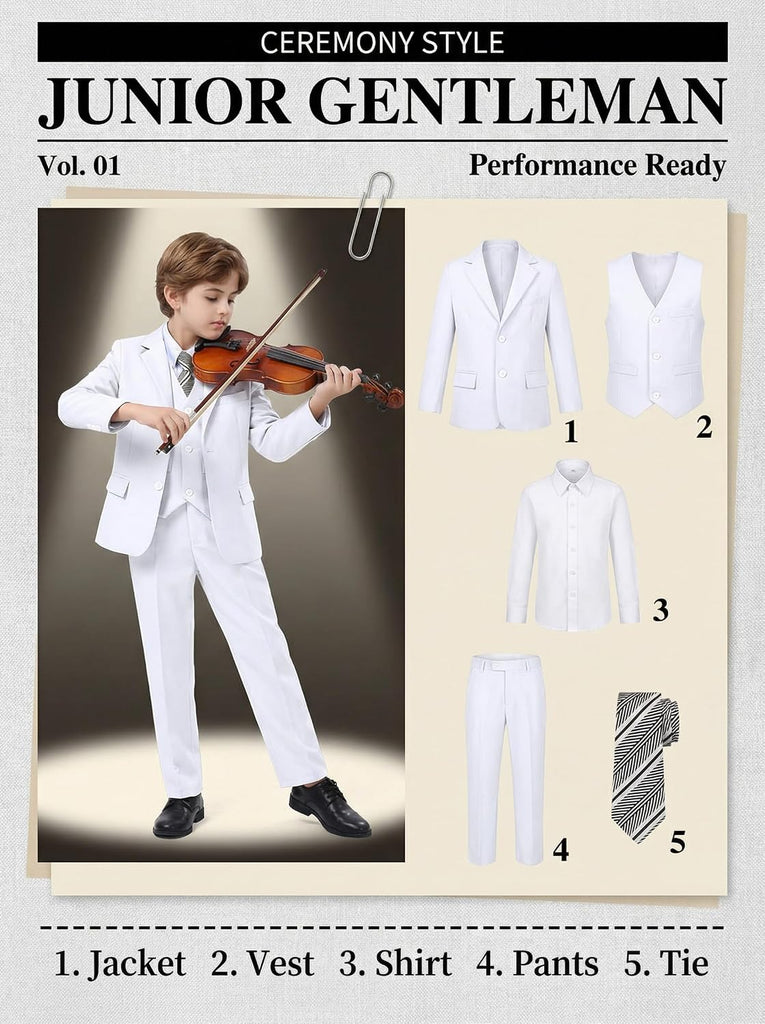 Boys Formal Suit 5 Piece Set Slim Fit Tuxedo Suits Adjustable Waist
