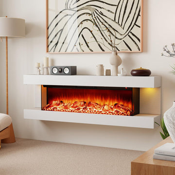 3 Sided Wall Mount Electric Fireplace w/ 50" Floating Mantel, White