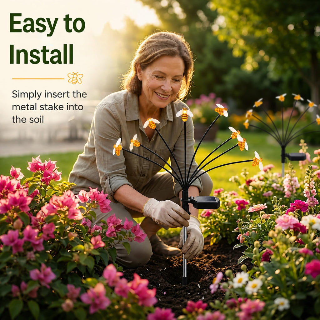 Solar Bee Garden Pathway Lights: 2 Pack 16 LED Swaying Firefly