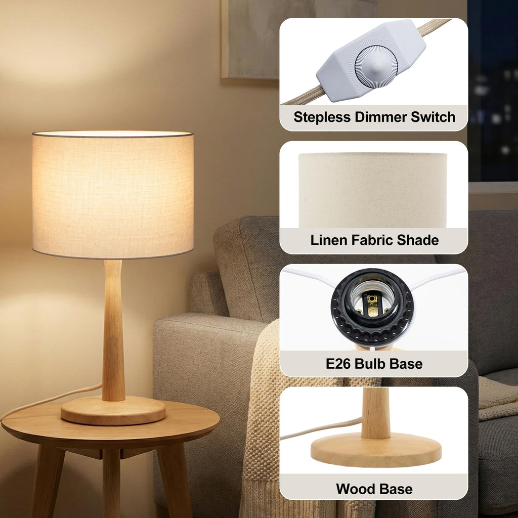 16.3" Natural Wood Table Lamp with Linen Drum Shade, E26 Base, Beige