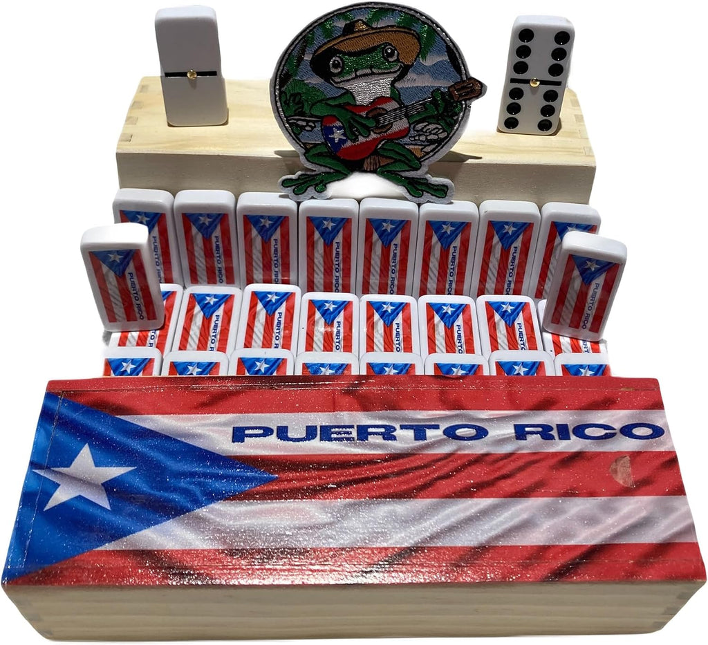 Puerto Rico Dominoes Set - Double Six Resin Tiles with Puerto Rican Flag - Classic Wooden Box Storage - Boricua