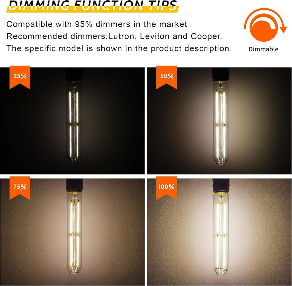 Tubular Light Bulb 7.3 Inch Dimmable T10 LED Bulb E26 6W 60 Watts 4000K
