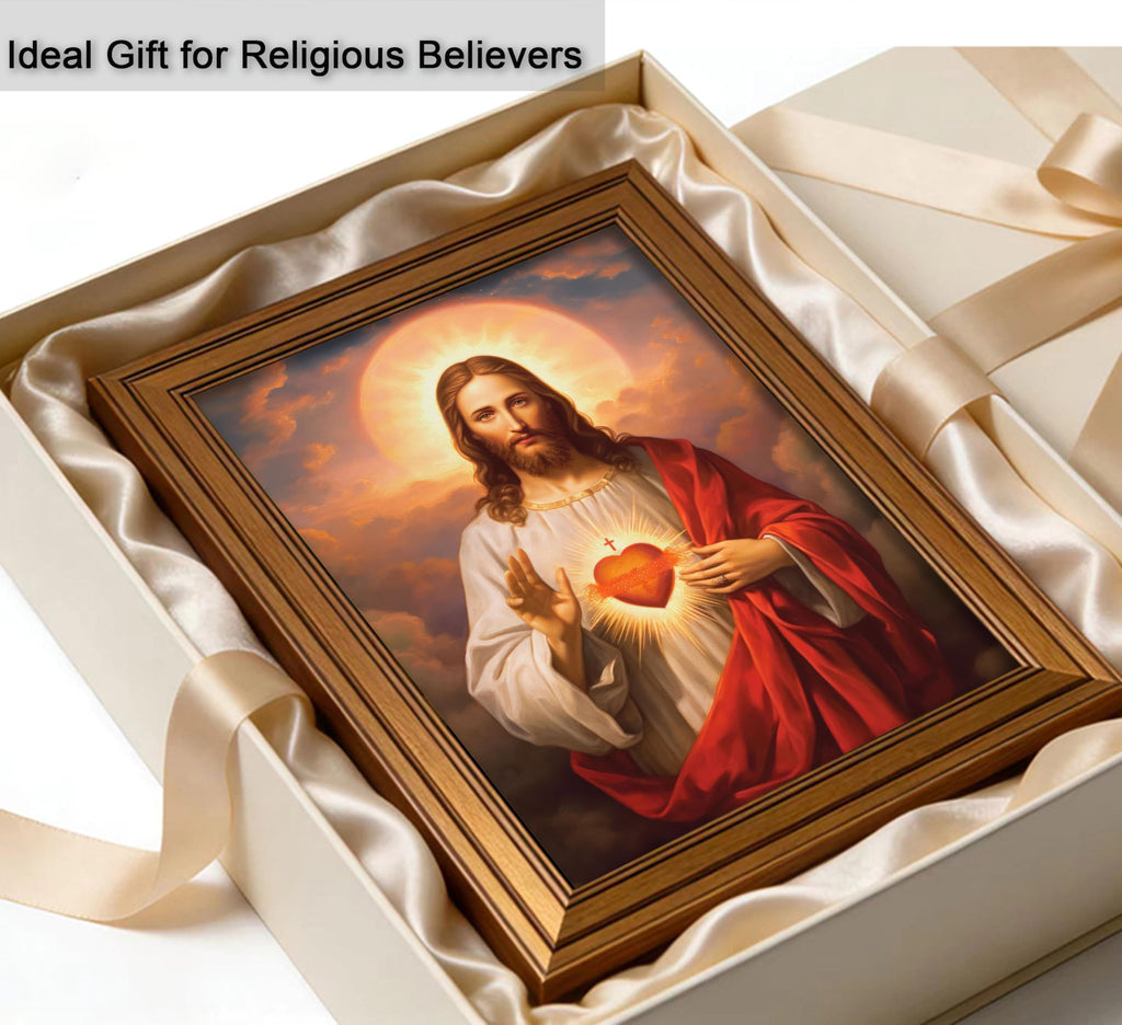 Vintage Gold Framed Jesus Wall Art Sacred Heart of Jesus Christian Canvas Prints Divine Mercy Picture Christ God
