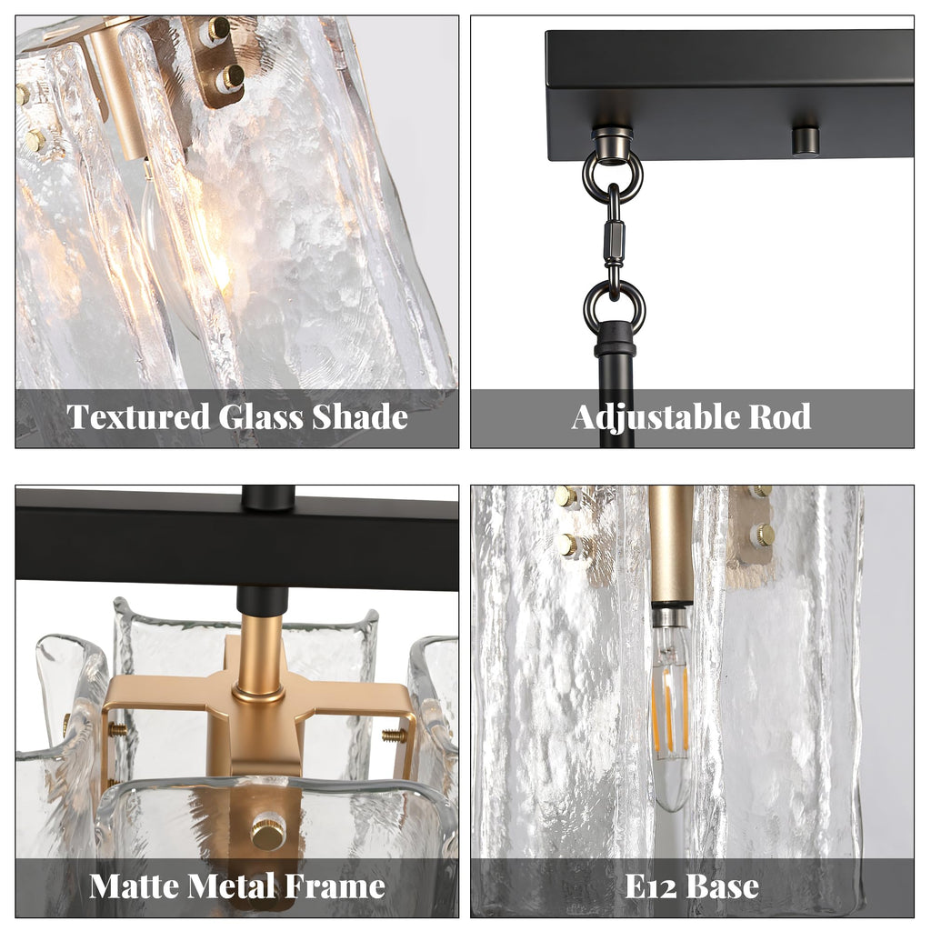 Rectangular Dining Room Light Fixture 42"L Black and Gold Glass Linear Chandeliers Over Table, Farmhouse