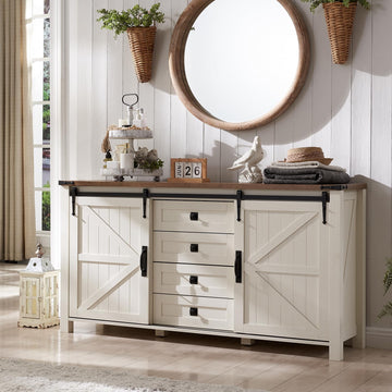 60-Inch Farmhouse Dresser with 4 Drawers and Sliding Barn Doors