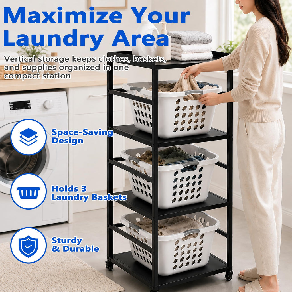 4-Tire Laundry Basket Holder Storage Shelf, Metal Stackable Laundry Sorter