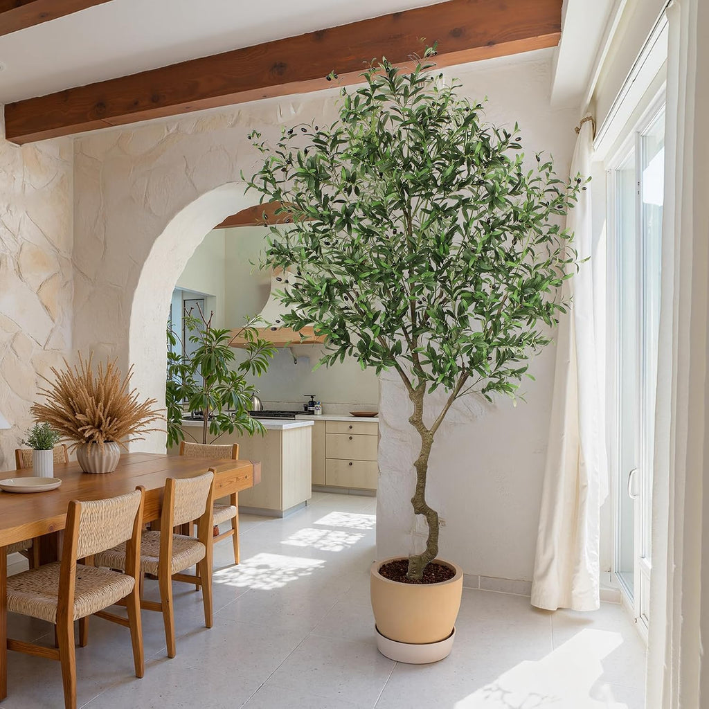Faux Olive Tree 8ft, Large Realistic Silk Olive Trees Artificial Indoor with Natural Wood Trunk & Lifelike Fruits