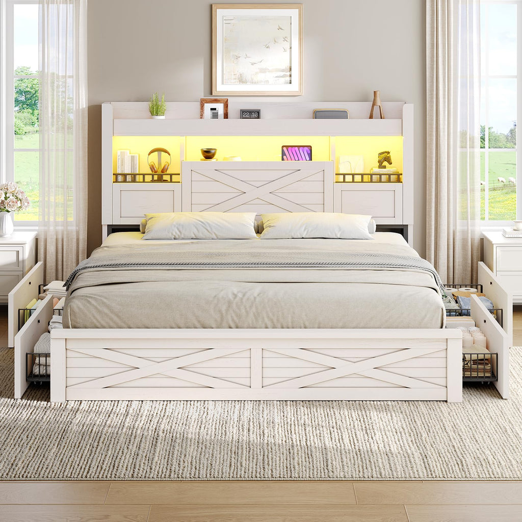 Farmhouse Bed Frame with Flip-Down Bookcase Storage Headboard and 4 Drawers, Rustic Wood Platform Bed Frame