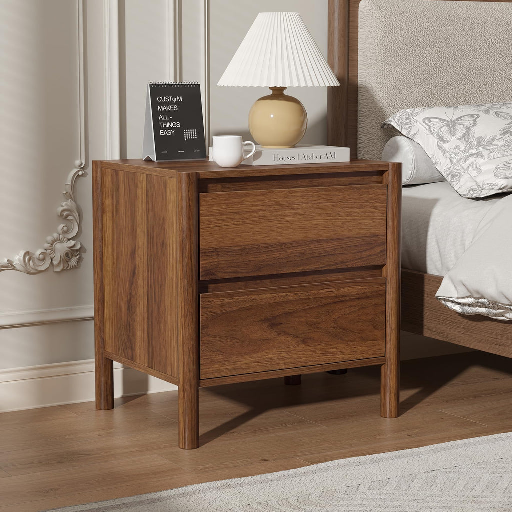 2 Pcs Walnut Nightstand Set, 2 Drawer Bedside End Table