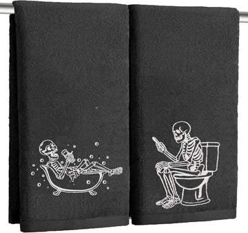 Luminous Halloween Hand Towels 100% Cotton Embroidered Skull Halloween Kitchen Towels Glow in The Dark Black - Set of 2