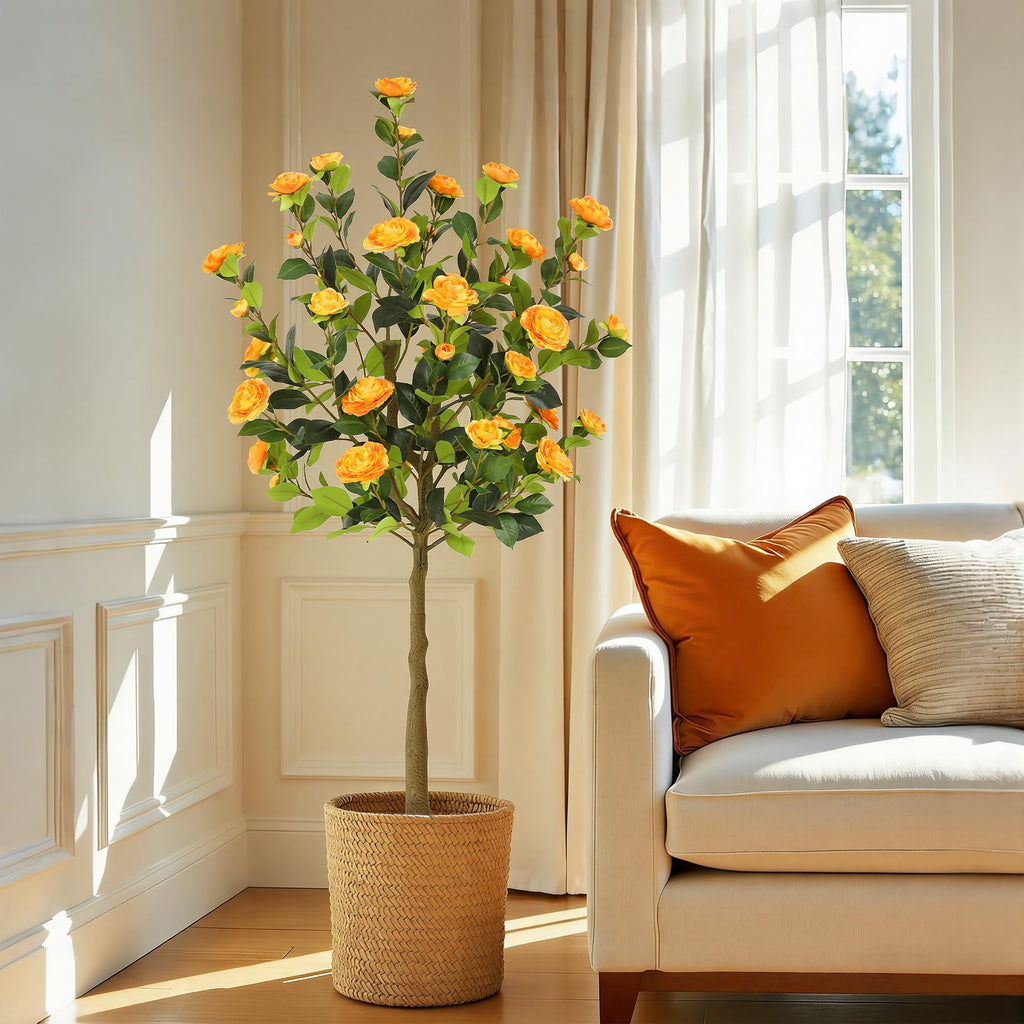 5ft Artificial Camellia Tree with Silk Orange Flowers, 60in Faux Camellia Plant with Lifelike Trunk, Fake Flower Tree