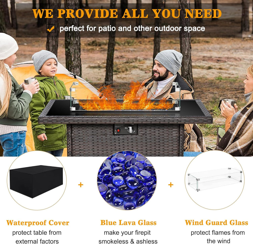 44" Propane Gas Fire Pit Table, 55000 BTU Rectangular Fire Pit with Glass Wind Guard for Outside Patio Deck Garden