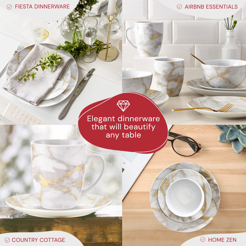 & Co 16-Piece Modern Premium Porcelain Ceramic Dinner Set, Lightweight Designed, Stackable, in Gold Marble/Gray Finish
