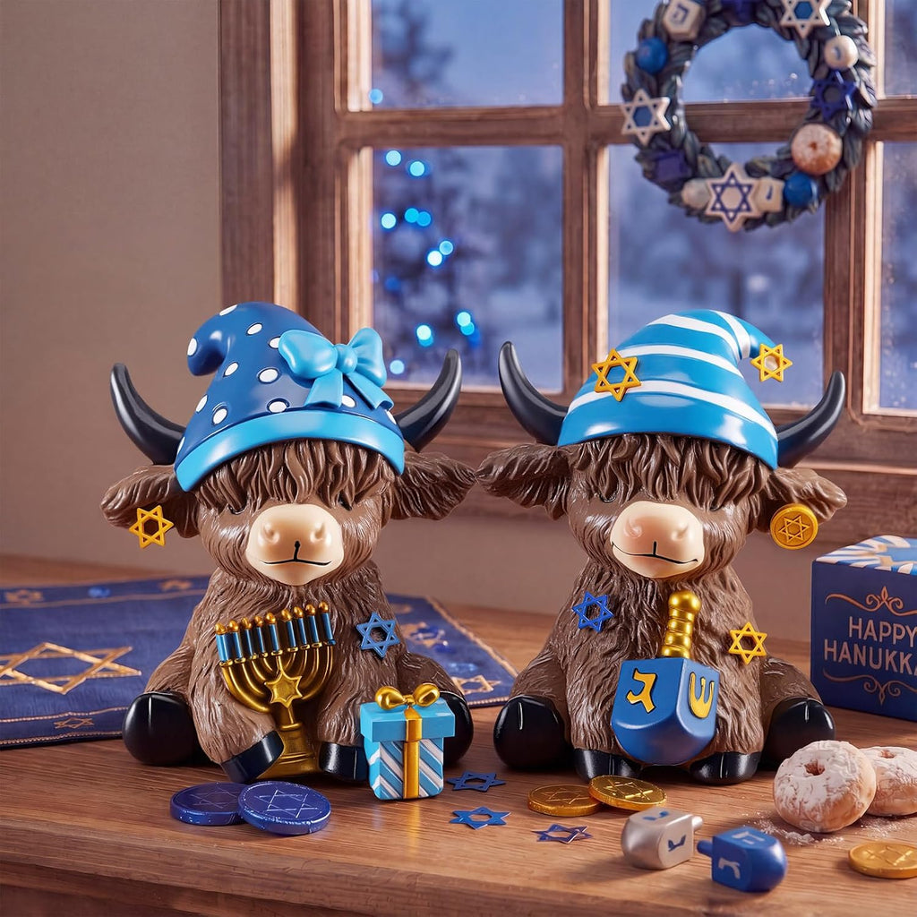 Highland Cow Figurines Resin, Hanukkah Decor Desk - Set of 2