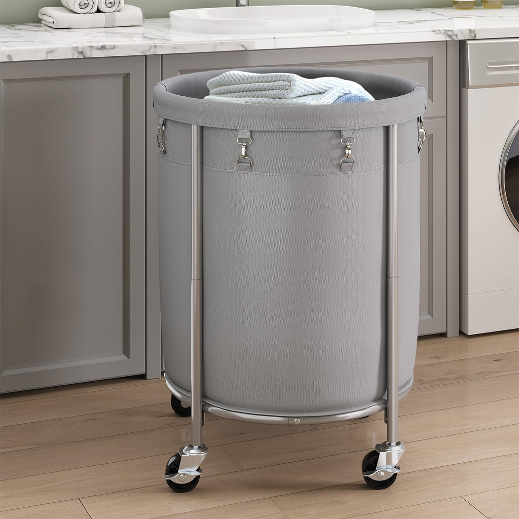 Laundry Basket with Wheels, Round Rolling Laundry Hamper, Gray