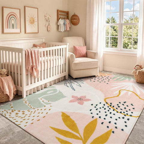 Pink Boho Nursery Rug 4x6, Washable Non Slip Soft Botanical Area Rug