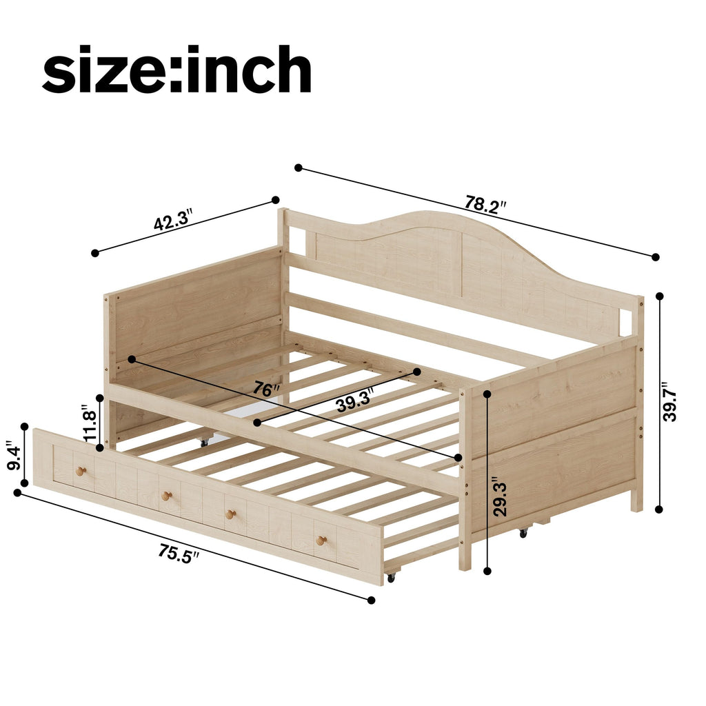 Twin Size Wooden Daybed with Trundle, Natural Wood
