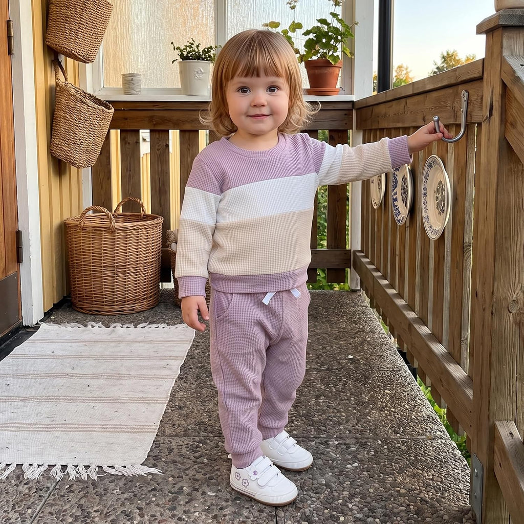 Toddler Baby Girl Fall Clothes Contrast Waffle Knit Outfit Sweatshirt Pants