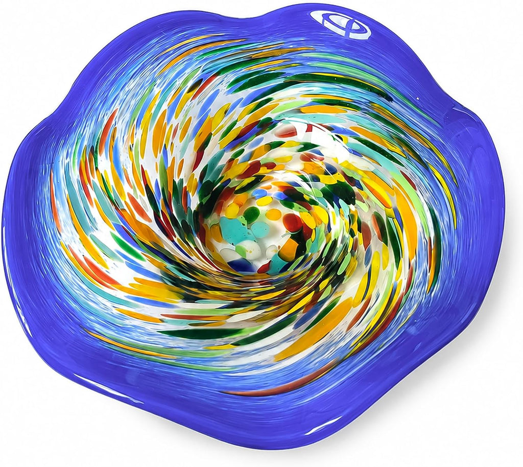 Hand Blown Murano-style Art Glass Bowl, 10.2-Inch Large Decorative Centerpiece for Table, Cobalt Blue Fruit Display &