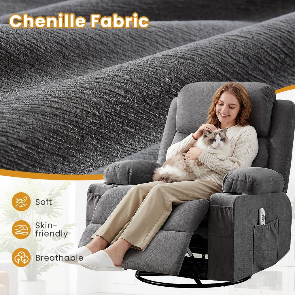 Swivel Rocker Recliner Chair with Vibration Massage and Lumbar Heating Ergonomic Lounge Chair with Rocking Function