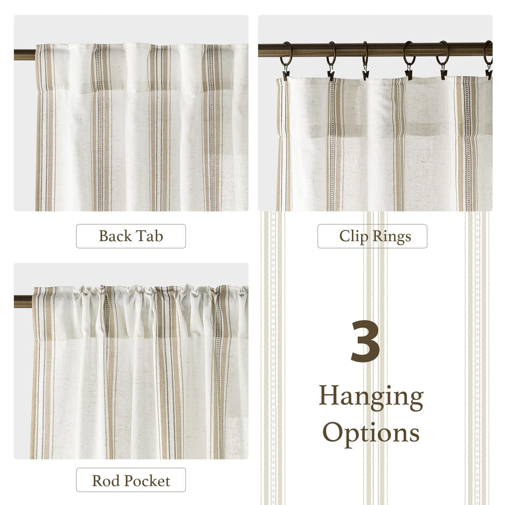 Stripe Linen Curtains 52 x 84 Inch Long - Taupe & White Classic Grommet Rustic Drapes, Light Filtering Window