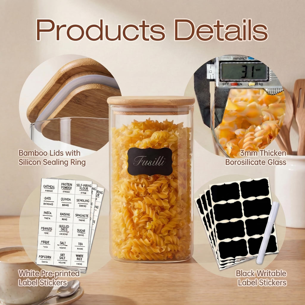 Square Glass Jars with Bamboo Lids [Muti Size Set of 5], Glass Canisters with Airtight Lids, Glass Food Storage