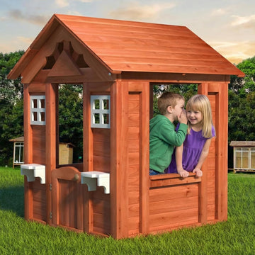 Wooden Kids Playhouse, Solid Firwood Outdoor Playhouse with 2 Windows, Flowerpot Holder & Snack Window for Backyard