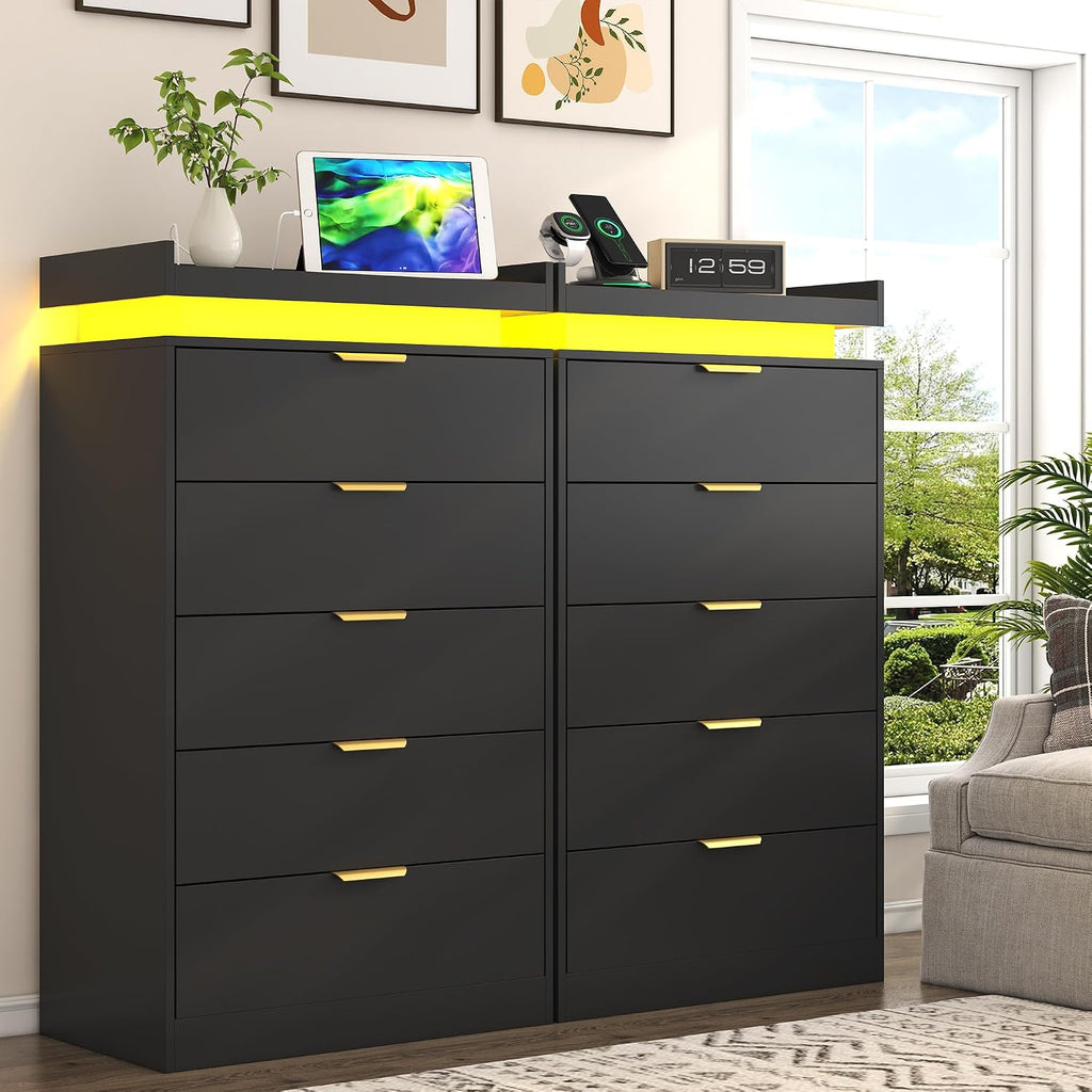 Tall Dresser , Black Dresser with LED Lights, Wood 5 Drawer Chest with Power Outlet, Modern Tall Chest of Drawers