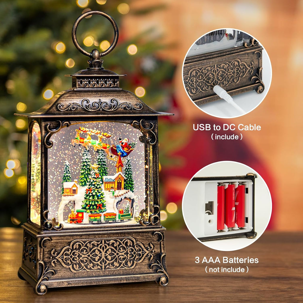 Christmas Snow Globes Lantern with Music, Winter Village Scene Snow Globes with Swirling Glitter Effects, USB/Battery