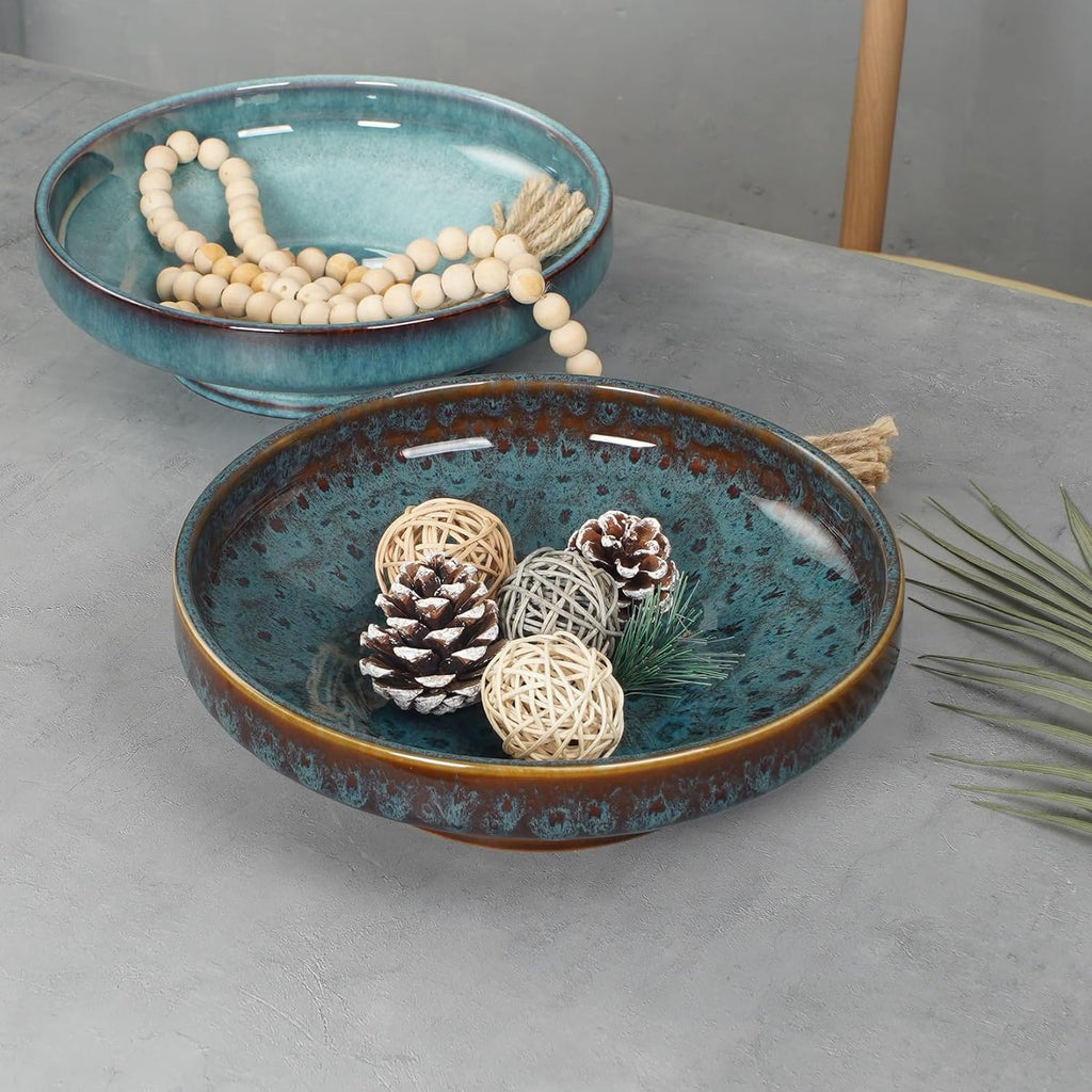 Ceramic Fruit Bowl Counter,Decorative Pedestal Bowl for Table Countertop,Large Footed Serving Bowl,10.2 Inch (peacock