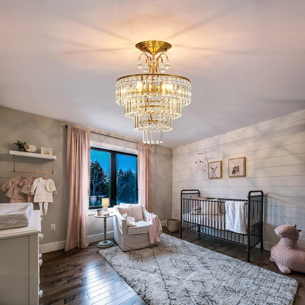 5 -Lights Crystal Gold Chandelier Fixture Modern Semi Flush Mount Ceiling Light with E12 Ceiling Lighting for Bedroom