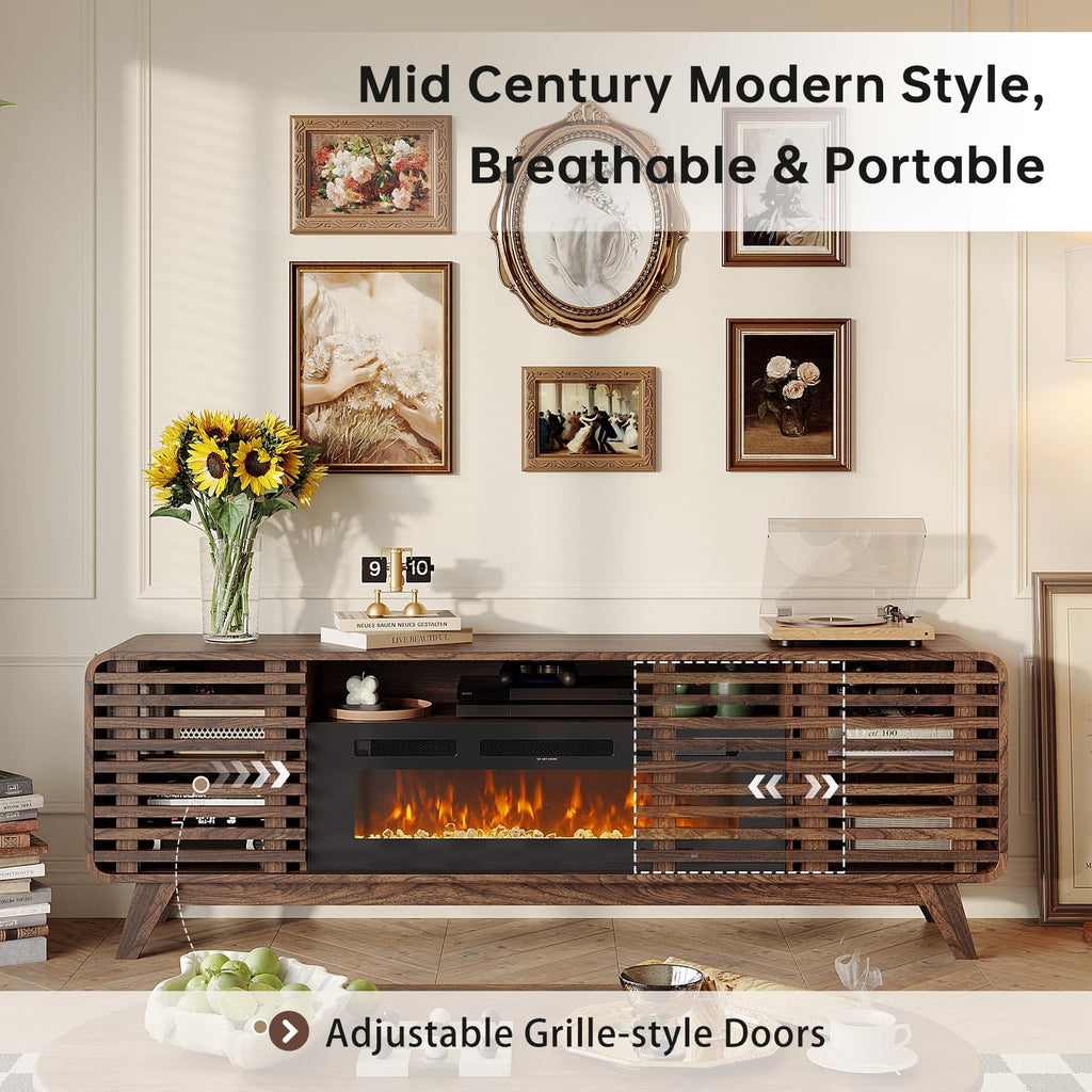 Luxury Fluted TV Stand with Fireplace, 80 inch, Brown