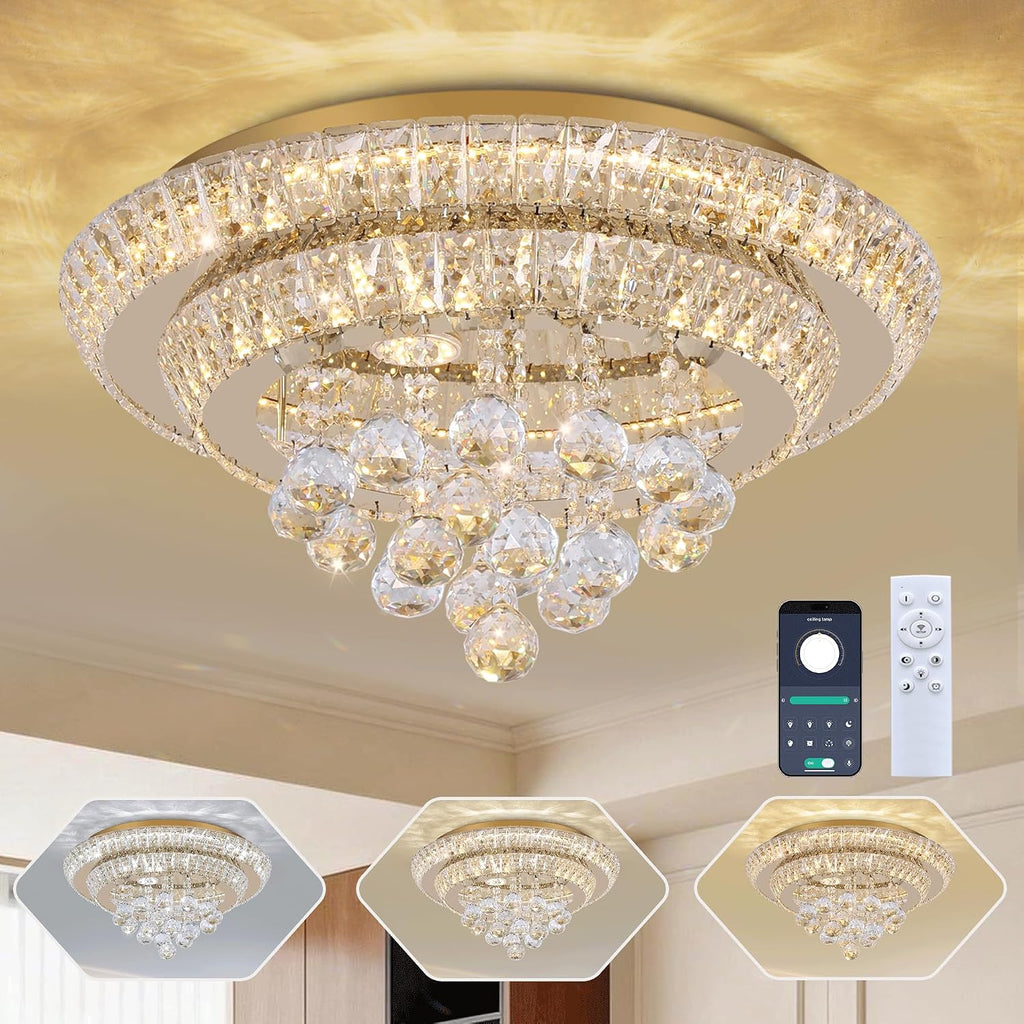 18 inch Crystal Chandeliers With Remote and APP Control, Modern Luxury Flush Mount Gold Ceiling Light, 3CCT Dimmable