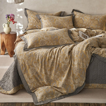 Vintage Style Yellow Floral Duvet Cover King Soft 100% Muslin Cotton Yarn-Dyed Jacquard Textured Bedding Set with 2