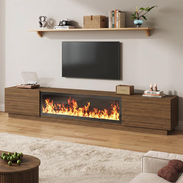 94.5" Fireplace TV Stand, Fluted TV Stands, Walnut