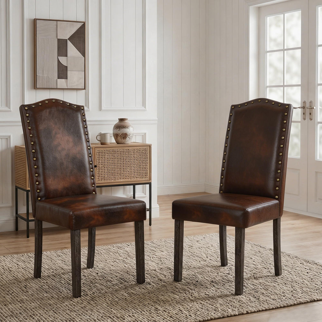 PU Dining Chair Upholstered Parsons Kitchen Chair with Copper Nails and Solid Wood Legs, Restaurant (Vintage Brown