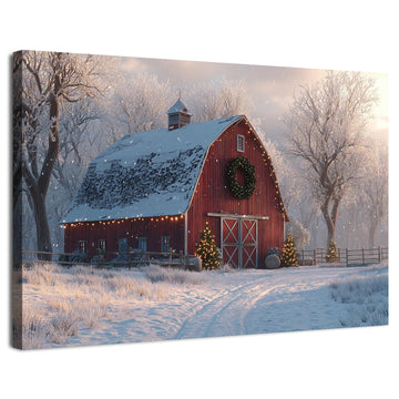Christmas Farmhouse Canvas Wall Art Red Barn Pictures Wall Decor Christmas Tree Poster Vintage Snowy Country Prints