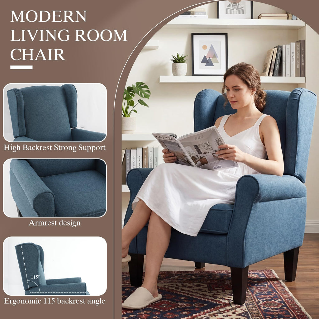 Wingback Accent Chair with Nailhead Trim, Mid Century Modern Armchair (Linen Blue, Set of 2)