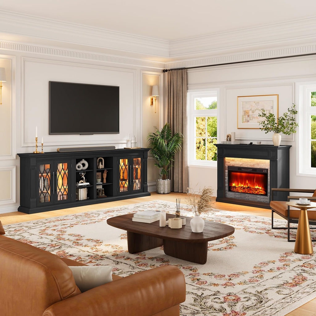 136" Fireplace TV Stand, 3-in-1 Modular: Mantel+ Bookcases+ Cabinets