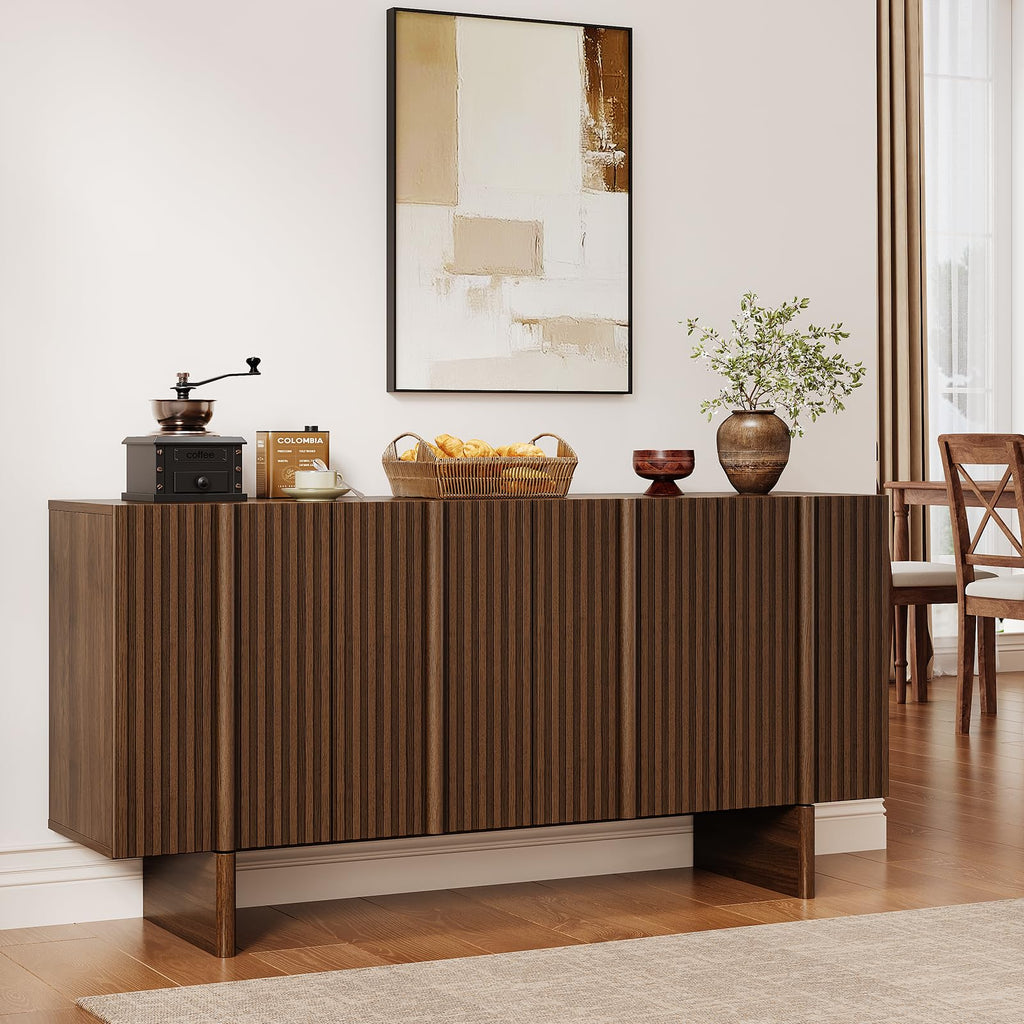 63" Fluted Sideboard Cabinet with Storage Adjustable Shelves Walnut