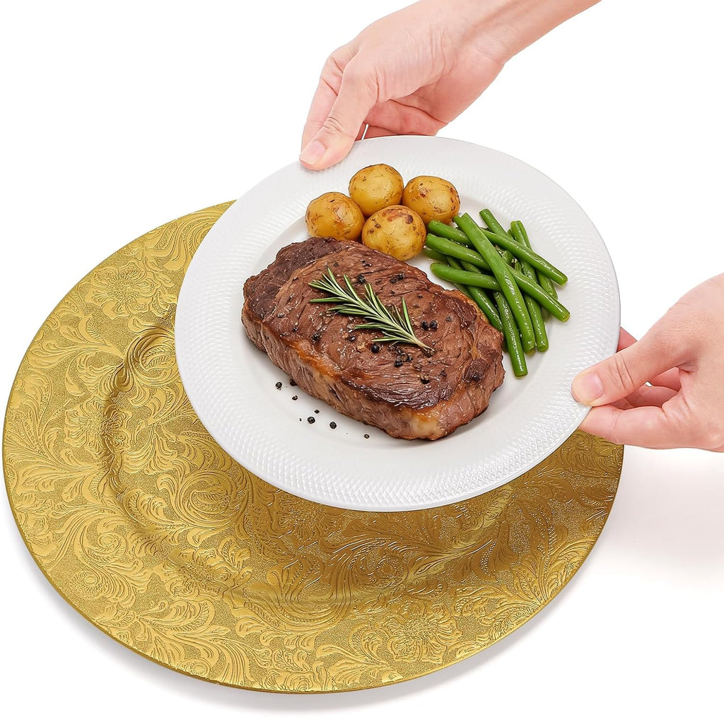 Gold Charger Plates, 13" Plastic Round Antique Plate Chargers for Dinner Plates, Floral Charger Plates - Set of 12